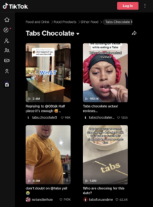 Tabs Chocolate Tiktok page with the content created by their customers